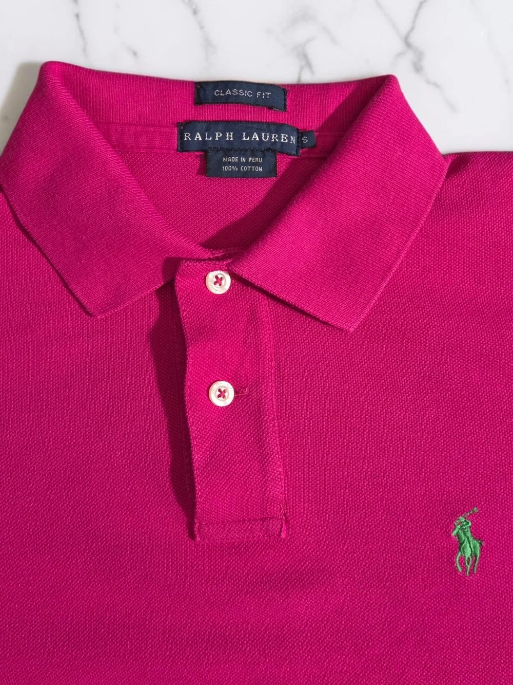 Ralph Lauren Mens Small Polo Shirt in Bright Fuchsia with Green Logo